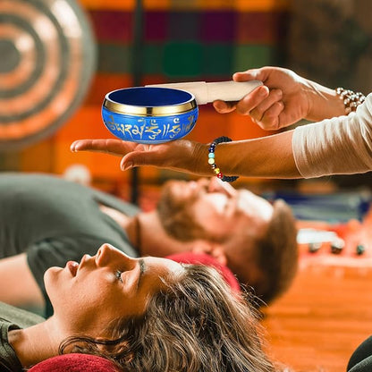 BBTO Tibetan Singing Bowls Set for Healing 3.4'' Meditation Sound Bath Bowl 7 pcs Chakra Crystal Stones Mallet Cushion Chakra Bracelet Pendant(Blue)