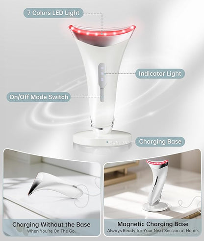 Red Light Therapy for Face and Neck, 7 Color Facial Massager with Adjustable Vibration and Thermals for Wrinkles, Double Chin, Portable Skin Care Tool with Base, White