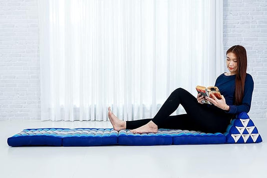 Leewadee Comfortable Japanese Floor Mattress - Thai Floor Bed with Triangle Cushion - Futon Mattress - XL Extra Long Thai Massage Mat, 89 x 20 inches, Blue, Kapok Filling