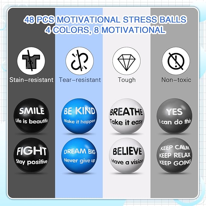 Liliful 48 Pieces Motivational Stress Balls Bulk for Adults Fidget Toys End of The Year Gifts Inspirational Squeeze Balls Employee Appreciation Gift Adult Goodie Bag 2. 2 Inch(Classic Colors)