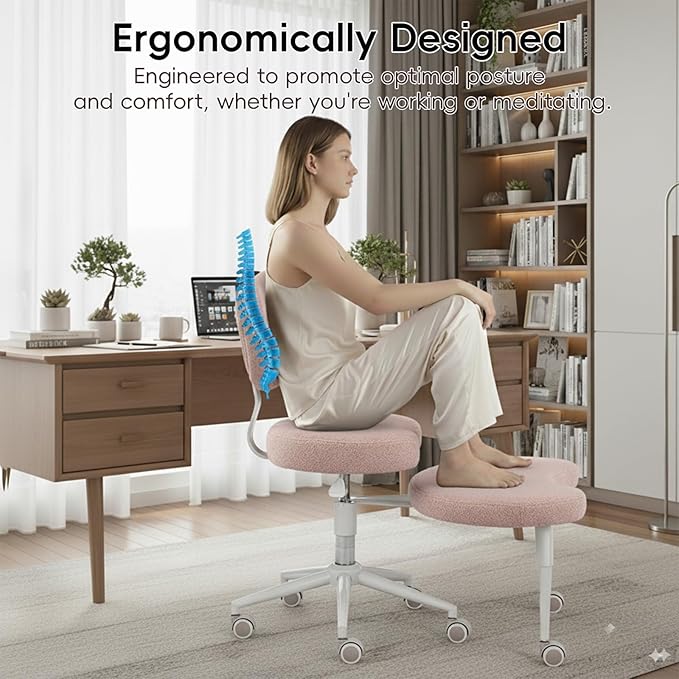 Meditation Chair with Wheels, Ergonomic Criss Cross Chair, Adjustable ADHD Floor Sitting Chair, Swivel Cross Legged Office Chair with High Back, Kneeling Posture Chair, Teddy Fabric,Pink