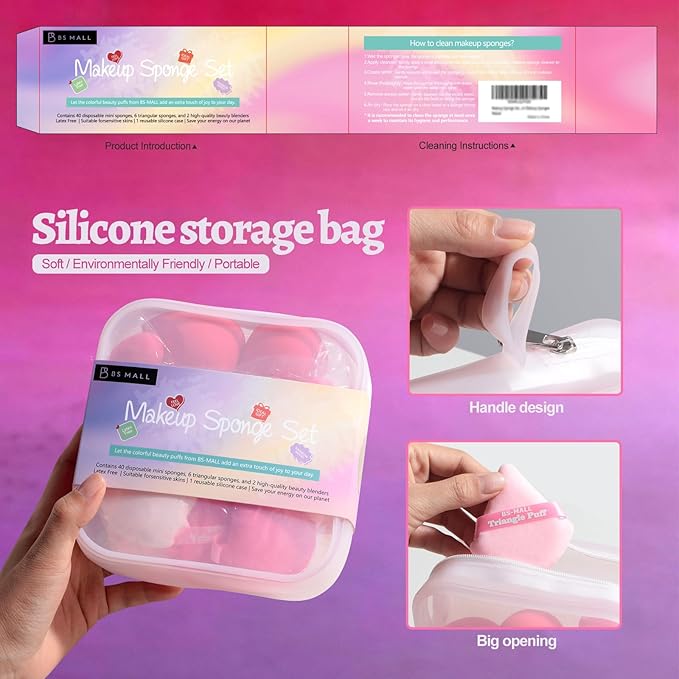 BS-MALL Professional Makeup Sponges Triangle Puff 49 Pcs- Pro V3.0 Cloud Technology Makeup Sponge Material Flawlessflow Mini Sponge Set & Triangle Puff With Waterproof Travel Silicone Bag Gift Set