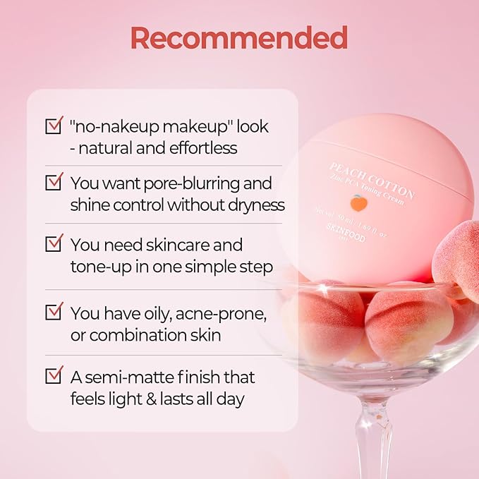 SKINFOOD Peach Cotton Zinc PCA Tone Up Cream, Korean Tinted Moisturizer for Face and Body, Dewy and Matte Skin Tint, Skin Care Makeup for Color Correcting, Sheer Cover, Blurring (1.69 fl. oz.)
