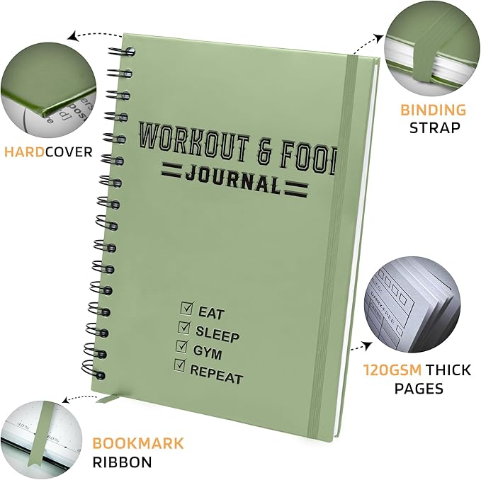 Nextnoid Hardcover Fitness & Food Journal - Workout & Meal Planner Notebook for Men & Women - A5 Sturdy Food Log Journal to Track Diet, Gym & Home Workouts - Green