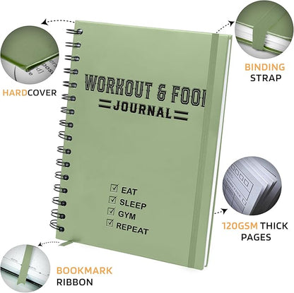 Nextnoid Hardcover Fitness & Food Journal - Workout & Meal Planner Notebook for Men & Women - A5 Sturdy Food Log Journal to Track Diet, Gym & Home Workouts - Green