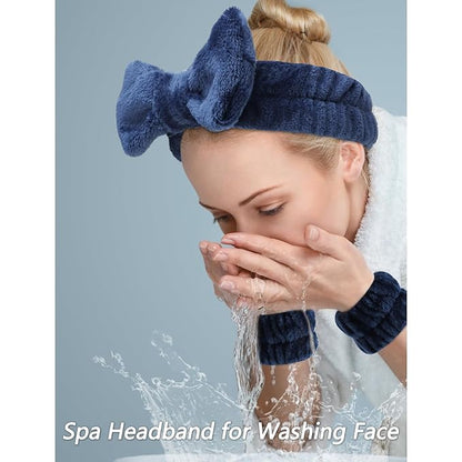 VELSCRUN Spa Headbands for Wash Face, Makeup Headband, Facial Skincare Headbands, 5 Pcs Dark Blue Puffy Sponge Spa Headband Bow Tie Hair Band Hair Clips Wristband Set Women Girls Accessories