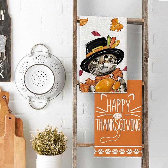 Artoid Mode Cat Turkey Happy Thanksgiving Kitchen Towels Dish Towels, 18x26 Inch Fall Leaves Decoration Hand Towels Set of 2