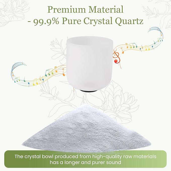 432HZ 6 Inchs Frosted Crystal Singing Bowl Set for Meditation Healing Yoga Chakra Quartz Crystal Sound Bowls with Heavy Duty Carry Case and Rubber Mallet,Suede Striker,O-rings