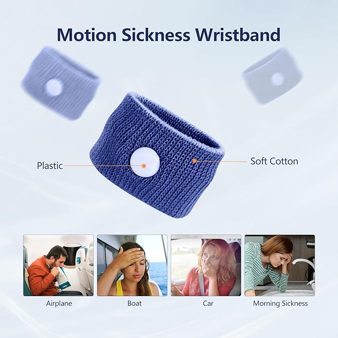 Motion Sickness Wristband, Anti-Nausea Acupressure Wrist Band for Nausea Relief, Dizziness and Vomiting from Car Sea Boat Flying Travel Sickness for Adults and Kids (Dark Blue, Large, 2 Pairs)