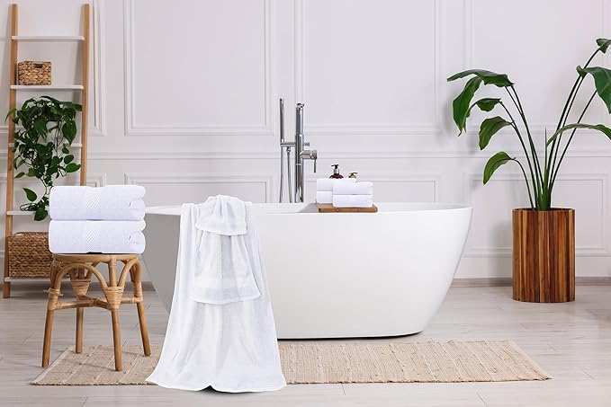 Oakias Premium Towel Set 600 GSM 8 Piece White - 100% Ring Spun Cotton Highly Absorbent Towels Set - Super Soft Bathroom Towel Set - Hotel Quality Double Stitched Hem - Ideal for Hotels, Spa, Gyms