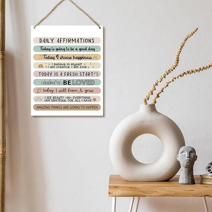 Hanging Plaque With Rope, Home Wall Decor Wood Daily Affirmations Sign, Door Decor Mental Health Wood Sign for Study Dining Room Psychological Counseling Office Bedroom, Farmhouse Art Plaque Gift -24