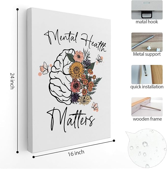 APJYM Mental Health Matters Flower Brain Canvas Wall Art - Therapist Office Decor, School Counselor Posters - 16x24 Inches