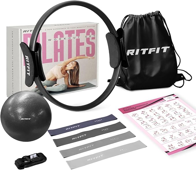 RitFit Pilates Kit - 14 Inch Pilates Ring Magic Circle with Pilates Ball, Resistance Bands & Yoga Strap, Pilates Equipment for Home Workout Toning Thighs, Arms and Core (Black/Pink)