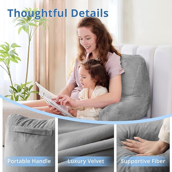 Sasttie Reading Pillows for Sitting in Bed Adult, Velvet Back Pillow Bed Sitting Up, Back-Rest Support Cushion for Sit Up on Couch, Sofa, and Floor, Dorm Essentials, Oeko-Tex Certified, Dark Grey
