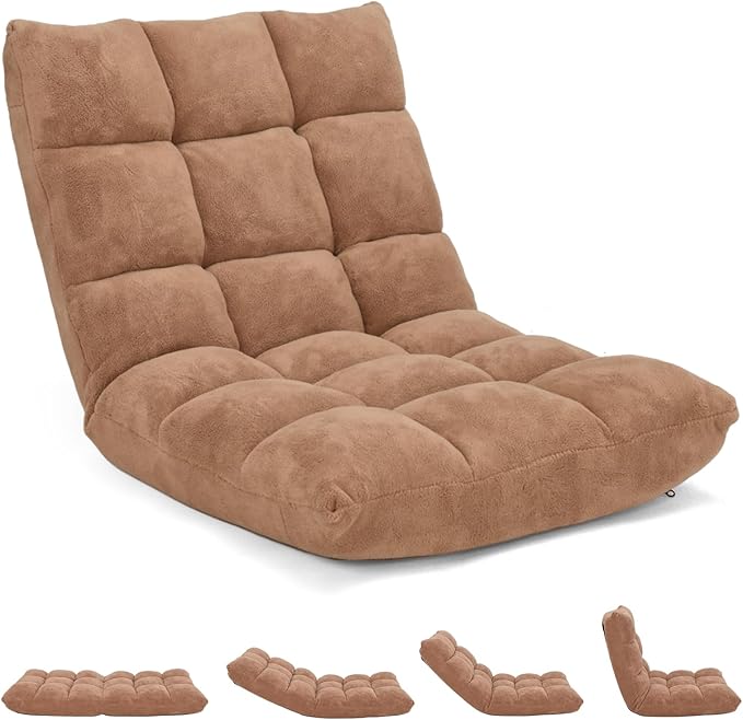 RELAX4LIFE Floor Chair with Back Support - 14-Position Adjustable Lazy Sofa Chair, Padded Sleeper Bed & Couch Recliner for Reading Meditation, Folding Floor Gaming Chair for Adults (Tan)