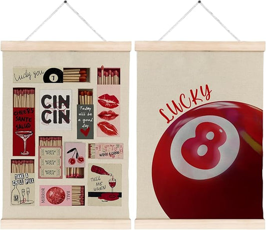 FITIE Trendy Lucky 8 Ball Bar Wall Art Poster Framed Set of 2, Bar Wall Decor, Y2K Room Decor, Funky Retro Y2K Red Aesthetic Canvas Wall Art Prints for Home Dorm Apartment Decor, 12x16 Inches