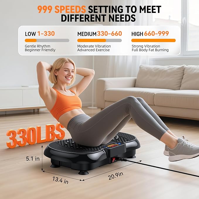 Vibration Plate Exercise Machine 2025 Upgraded Fitness Vibrating Lymphatic Drainage for Weight Loss 330Lbs, 999 Adjustable Speeds, Full-Body Shaker Workout Platform for Women Men, Sport Home Gym