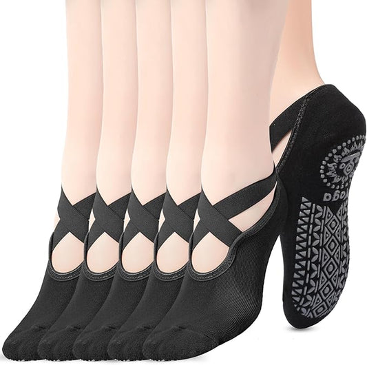 Geyoga 6 Pairs Pilates Socks for Women Barre Yoga Ballet Non-slip Athletic Socks with Grip Straps for Barefoot Workout