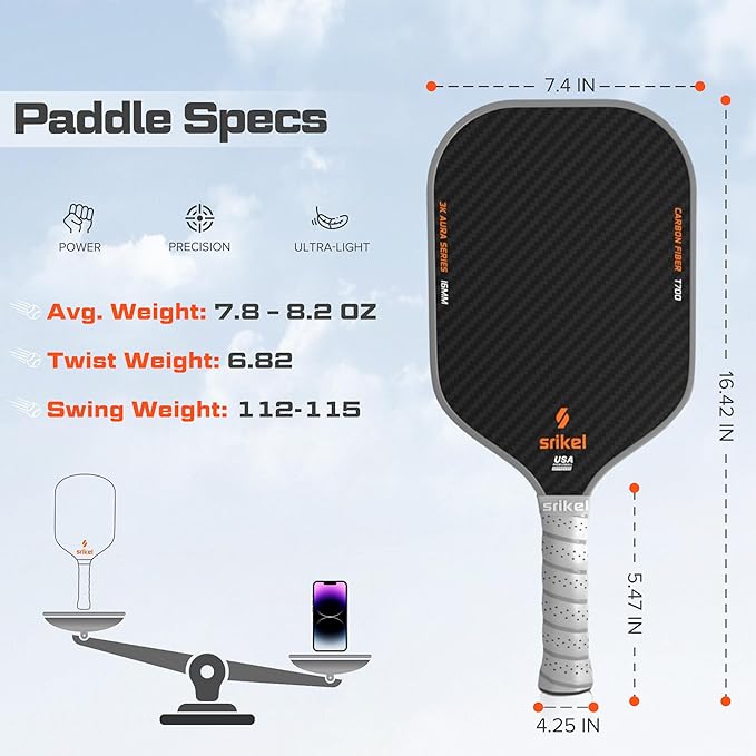 Pickleball Paddles, Raw T700 Carbon Fiber Pickleball Paddle, 16mm Power Polymer Core, Professional Rackets for Great Spin, Control & Precision Shots, USAPA Approved
