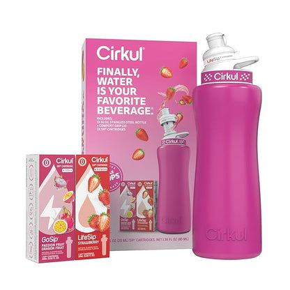 Cirkul 32oz. Hot Pink Stainless Steel Water Bottle Starter Kit with Pink Lid and 2 Flavor Cartridges (1 LifeSip Strawberry, 1 GoSip Passion Fruit Dragon Fruit) No Sugar, Zero Calorie Drink Mix