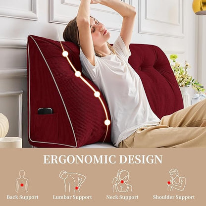 Sasttie Headboard Pillow Queen, Wedge Pillow Headboard for Sitting Up in Bed, Back-Rest Support Triangular Cushion for Reading - Features Removable Washable Cover, Wine