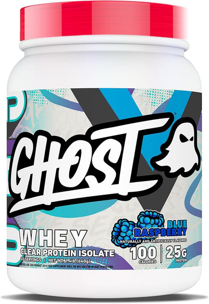 GHOST Clear Whey Isolate Protein Powder, Blue Raspberry - 1.4 LB Tub, 25G of Whey Protein - Post Workout Drink for Muscle Gain & Recovery – Sugar Free, Soy Free & Zero Fat, 20 Servings