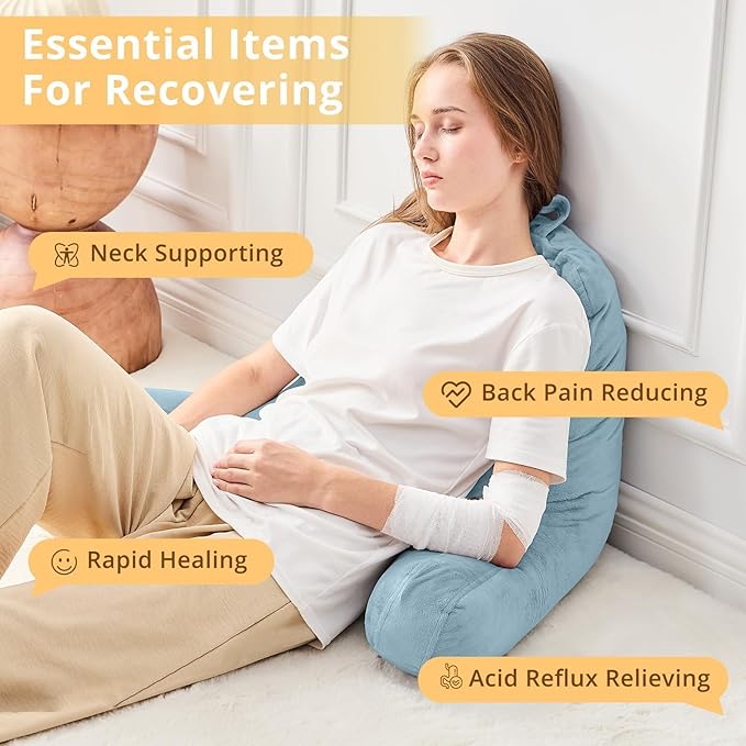 Sasttie Reading Pillow, Velvet Back Pillow for Bed Sitting Up, Adult Back-Rest Support Cushion with Arms for Sit Up on Couch, Sofa, and Floor, Dorm Essentials, Reading Accessories, Dusty Blue