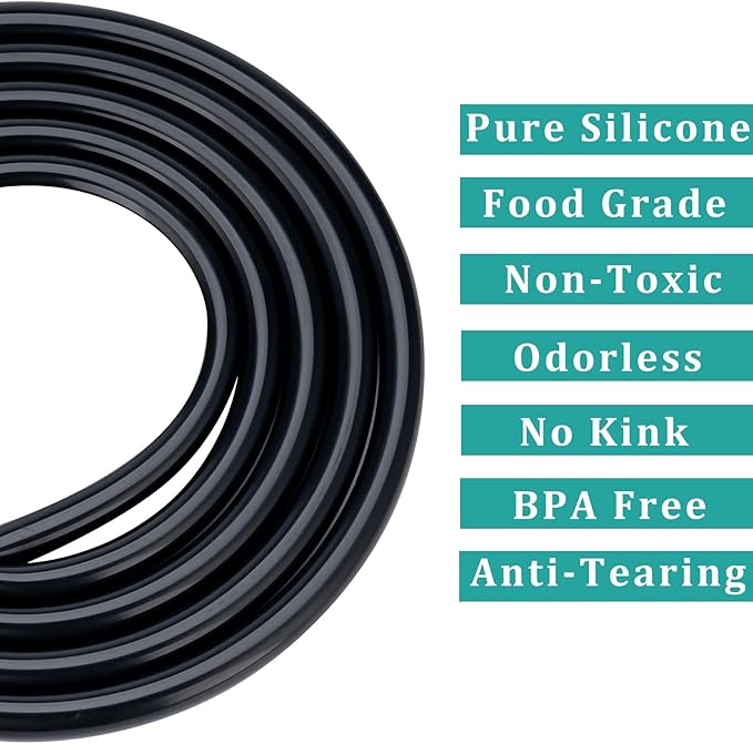 Silicone Tubing 1/4” ID × 3/8” OD - 25FT Black Flexible Food Grade Hose Soft Pure Silicon Tube for Home Brewing Wine Making Hydroponic Pond Pump, Temp Resistance