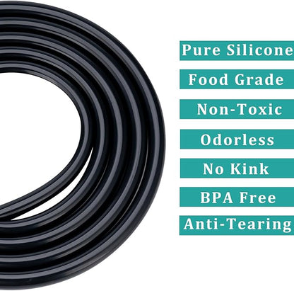 Silicone Tubing 1/4” ID × 3/8” OD - 25FT Black Flexible Food Grade Hose Soft Pure Silicon Tube for Home Brewing Wine Making Hydroponic Pond Pump, Temp Resistance