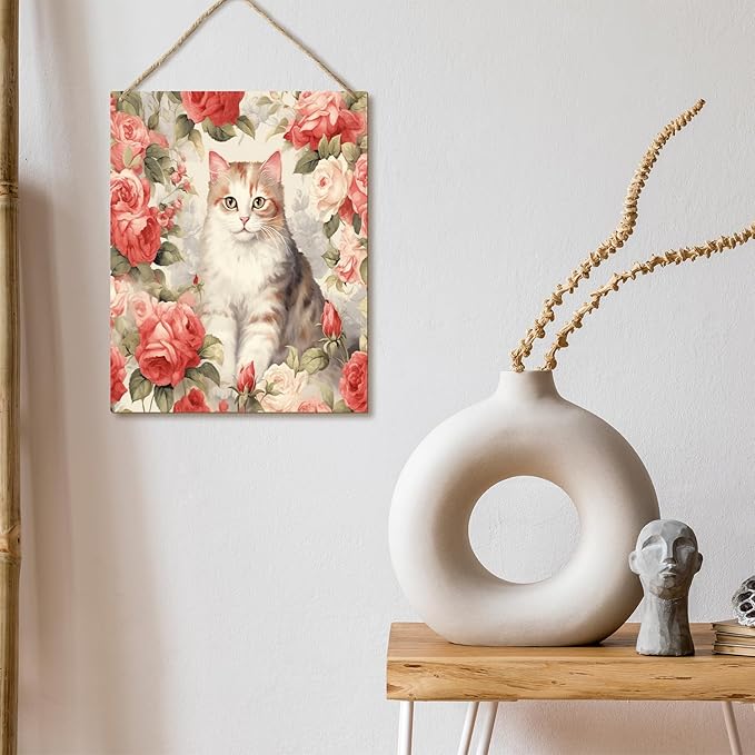 Cat Gift for Cat Lover Cat Mom Kitten Owner Pet Mom Hanging Plaque With Rope Home Wall Decor Wood Sign, Cat Floral Home Door Decor Wood Hang Sign for Pet Shop Kitchen Study Dining Room Bedroom -30
