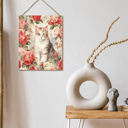 Cat Gift for Cat Lover Cat Mom Kitten Owner Pet Mom Hanging Plaque With Rope Home Wall Decor Wood Sign, Cat Floral Home Door Decor Wood Hang Sign for Pet Shop Kitchen Study Dining Room Bedroom -30