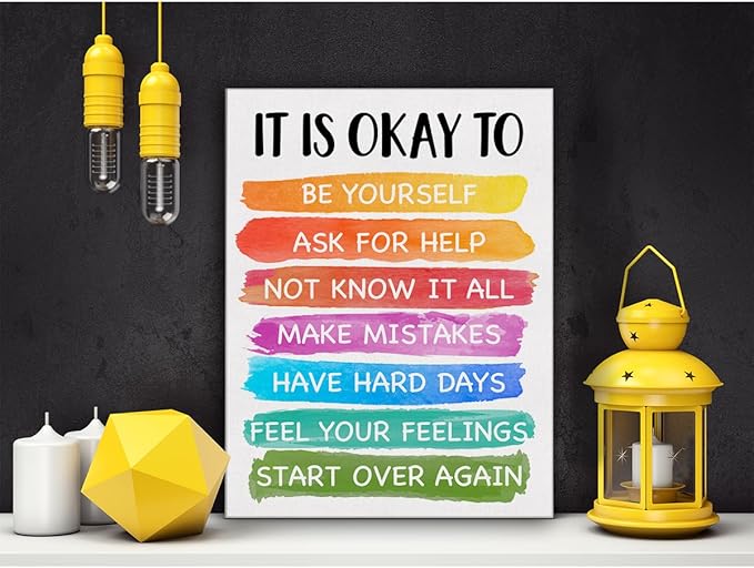 Motivational Classroom Wall Art It's Okay to Not be Okay Poster Print Canvas Wall Decor for Homeschool Playroom School 12x15 Inch Framed