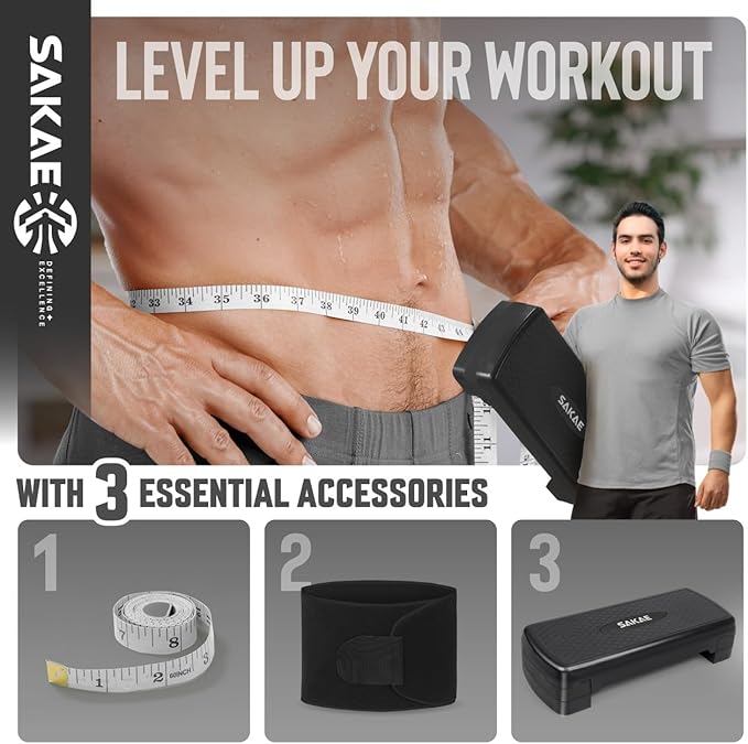 SAKAE Aerobic Step Platform Set with Waist Trimmer & Measuring Tape, Exercise Steppers for Home Exercise Fitness, Adjustable Height 2 Level Risers Workout Step Platform Trainer, Multiple Colors