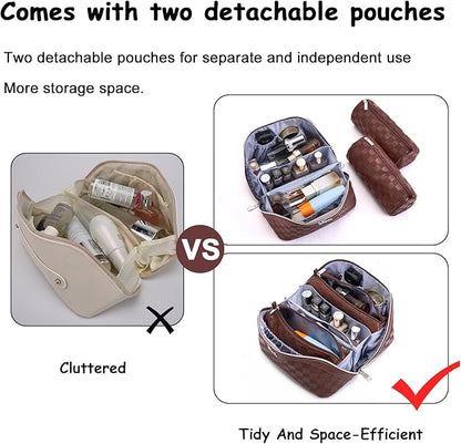 BOYATU Travel Makeup Bag Organizer Cosmetic Bag: 3 Pcs Set Make up Bags for Women with Handle - Waterproof Vegan Leather Toiletry Bags Travel Essentials Pouch with Compartments (C-09-Coffee)