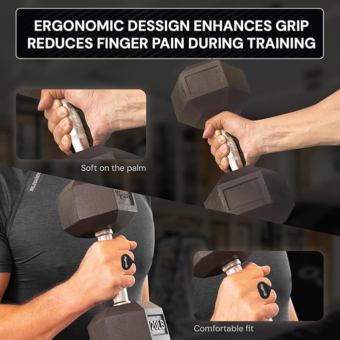 Ergonomic-Gym-Grips-for-Men-&-Women - Soft Silicone Weight Lifting Grips for Dumbbells, Barbells, Pull-Ups, Deadlifts - Fingerless, Sweat-Resistant, Includes Portable Case