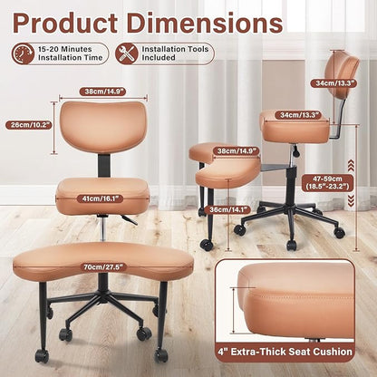 Meditation Chair, Cross Legged ADHD Office Chair for Adults with Wheels Ergonomic Back Support and Leg Rest for Multi Position Criss Cross Sitting Kneeling and Yoga Height Adjustable, Leather Style