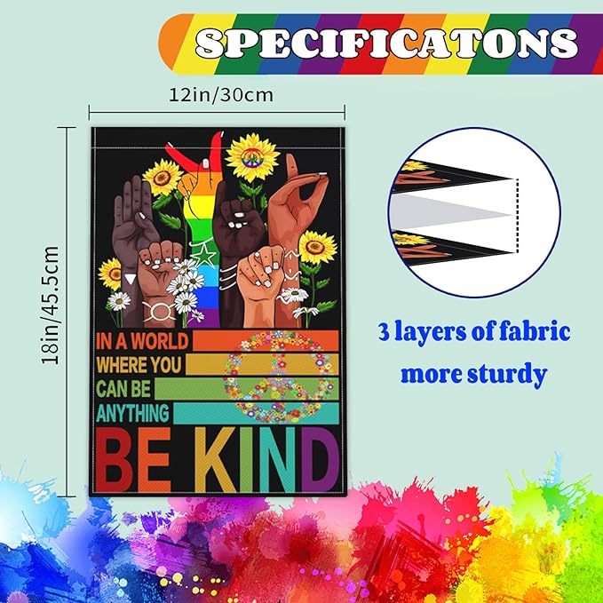 Be Kind Garden Flag 12x18 Inch In A World Where You Can Be Anything Garden Flag 3ply Polyester Double Sided with Rainbow and Peace Sign for Outdoor House Yard Outside Garden Decor