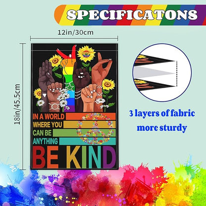 Be Kind Garden Flag 12x18 Inch In A World Where You Can Be Anything Garden Flag 3ply Polyester Double Sided with Rainbow and Peace Sign for Outdoor House Yard Outside Garden Decor