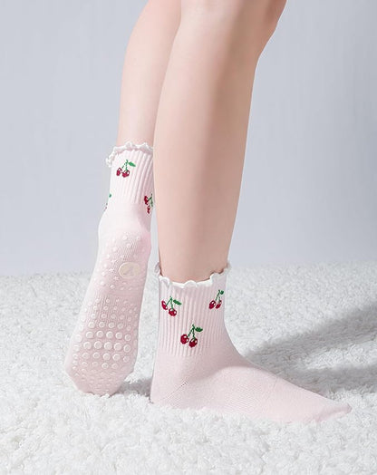 Yawlsow Pilates Grip Socks for Women Yoga Grippy Socks Cute Barre Non Skid Athletic Crew Sticky Sock Workout Hospital