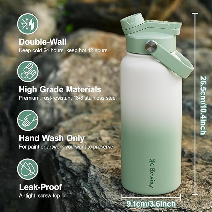 32 oz Insulated Water Bottle, 2-in-1 Lid, Straw & Spout with Protected, Leak Proof, Keep Cold, Stainless Steel, Metal, Reusable, Handle, for Outdoor, Gym and School, 2 Lids, Iced Mint