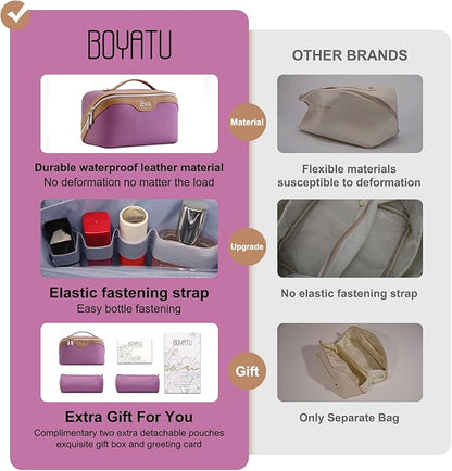 BOYATU Travel Makeup Bag Organizer Cosmetic Bag: 3 Pcs Set Make up Bags for Women with Handle - Waterproof Vegan Leather Toiletry Bags Travel Essentials Pouch with Compartments (G-07-Purple)