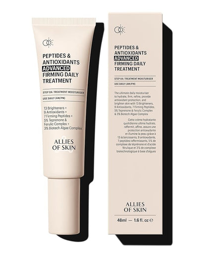 Allies of Skin Peptides & Antioxidants Advanced Firming Daily Treatment with 13 Brighteners, 9 Antioxidants, 7 Firming Peptides, 5% Teprenone & Ferulic Complex and 3% Biotech Algae Complex 48ml/1.6oz
