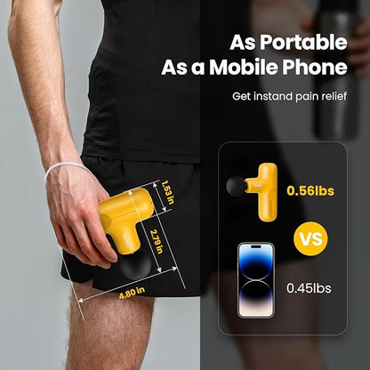 Super Mini Massage Gun Deep Tissue, Percussion Handheld Muscle Massager with 4 Heads, Travel Size Massage Gun for Back, Neck Pain Relief, Quiet for Home, Gym, Office, Gift for Men & Women, Yellow