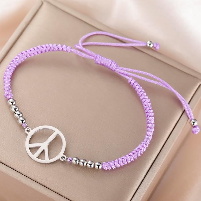 LIKGREAT Peace Adjustable Beaded Bracelet Peace Sign Symbol Pendant Handmade Braided Wax Cords Bracelet for Women