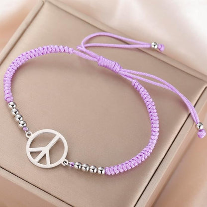 LIKGREAT Peace Adjustable Beaded Bracelet Peace Sign Symbol Pendant Handmade Braided Wax Cords Bracelet for Women