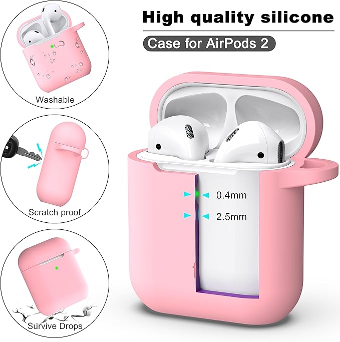R-fun Compatible with AirPods Case Cover, Soft Silicone Protective Cover with Keychain for Women Men Compatible with Apple AirPods 2nd 1st Generation Charging Case, Front LED Visible,Pink