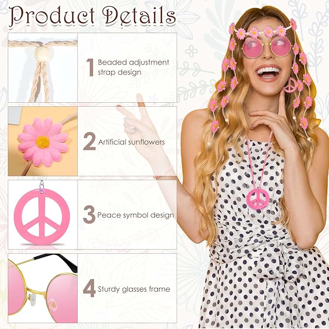 6 Pcs Hippie Costume Accessories Set, Flower Hippie Headband Boho Peace Sign Necklace Earrings Sunglasses Bracelet