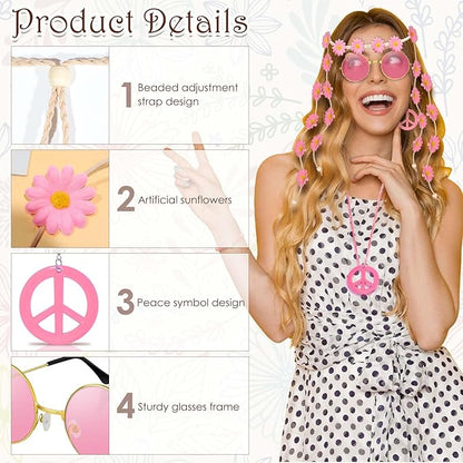 6 Pcs Hippie Costume Accessories Set, Flower Hippie Headband Boho Peace Sign Necklace Earrings Sunglasses Bracelet