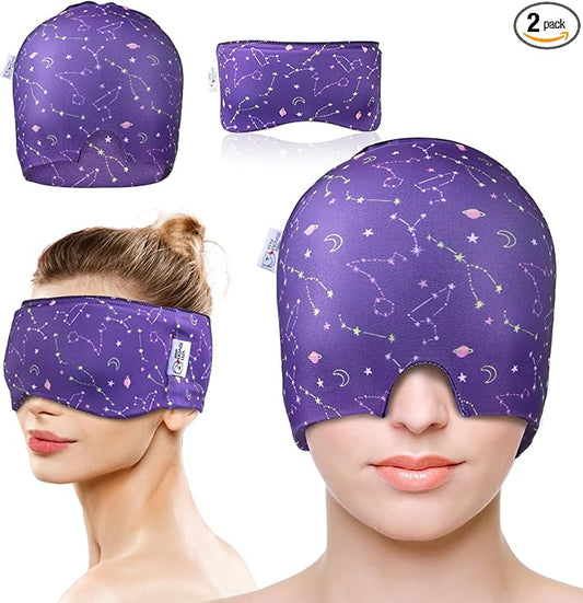 Migraine Relief Cap, Gel Cooling Eye Mask 2 Pack Set, Headache Relief with Hot/Cold Ice Cap, Instant Headache Relief, Reusable Ice Pack for Stress Relief Migraine Mask