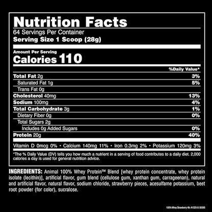 Animal 100% Whey Protein Powder – Whey Blend for Pre or Post Workout, Recovery, Anytime Low Sugar Protein Boost Meal Replacement with BCAA Branched Chain Amino Acids – New Flavor, Strawberry, 4 lb